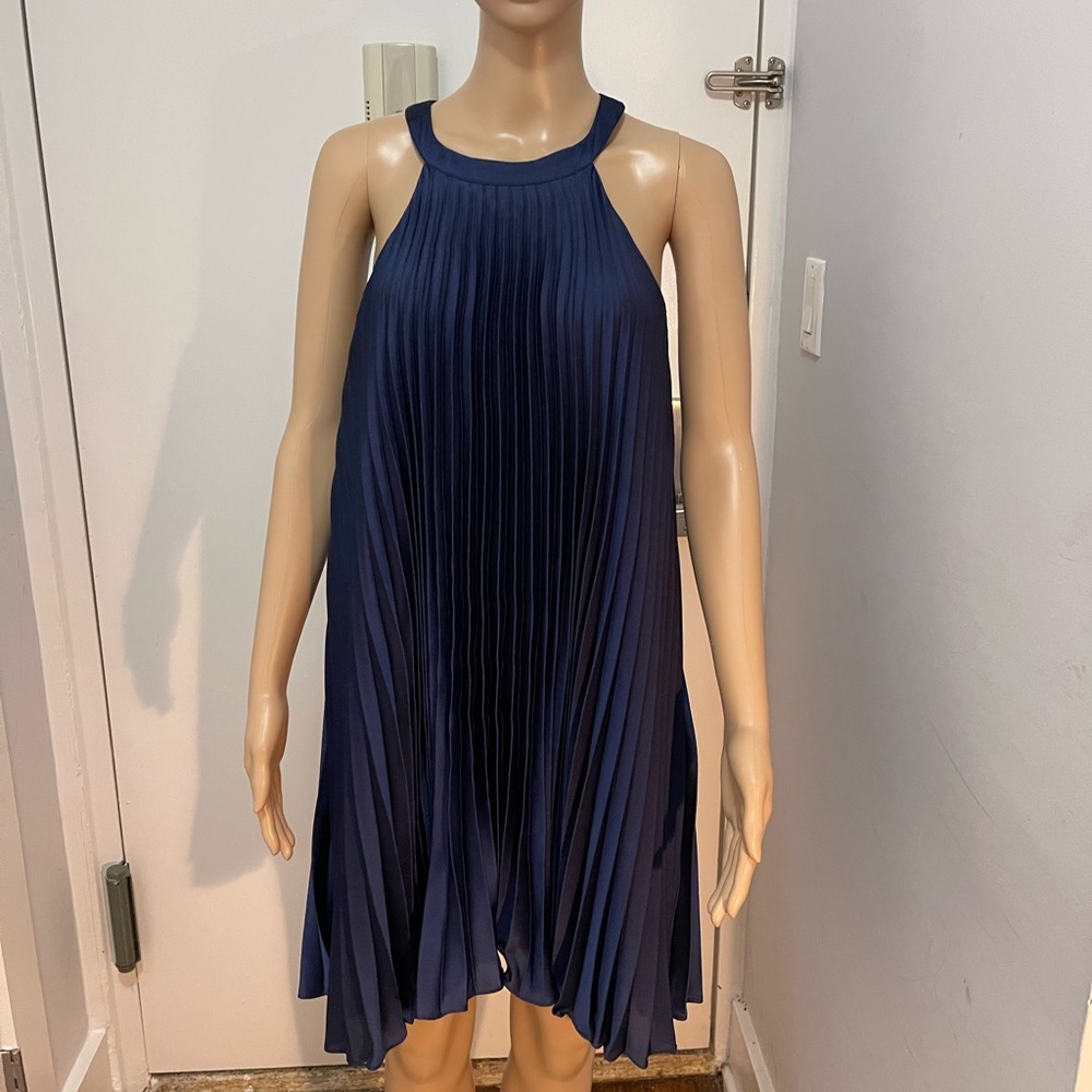 Navy blue pleated halter mini shift dress